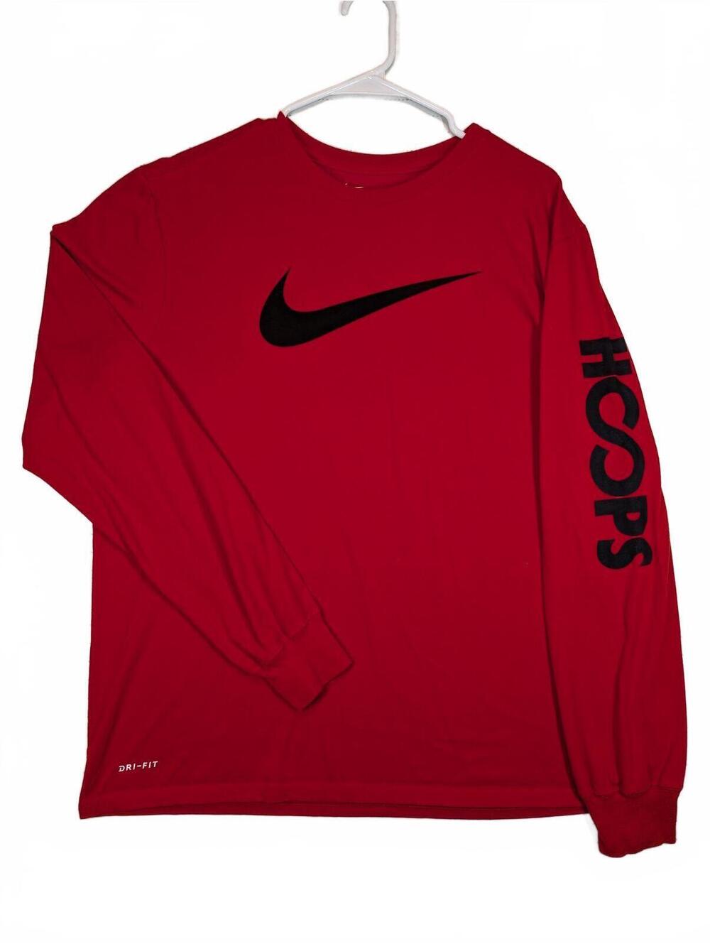 Nike Dri-Fit Swoosh Logo HOOPS Long Sleeve Athletic Shirt Red Tee Top Mens XL